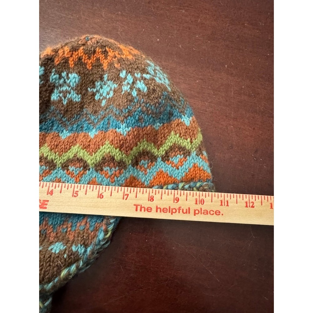 Newari Hand Knit Wool Earflap Beanie Hat Icelandic Fleece Lined Brown Teal - Picture 2 of 5